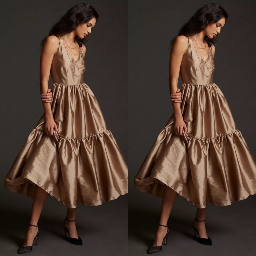 Anthropologie Tiered BLONI V-Neck Bronze Maxi Dress NWT